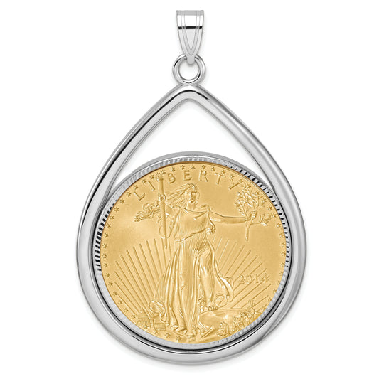 14K White Gold Wideband Distinguished Coin Jewelry 14Kw Polished & Diamond-Cut Tear Drop Prong Mounted 1Oz American Eagle Bezel Pendant