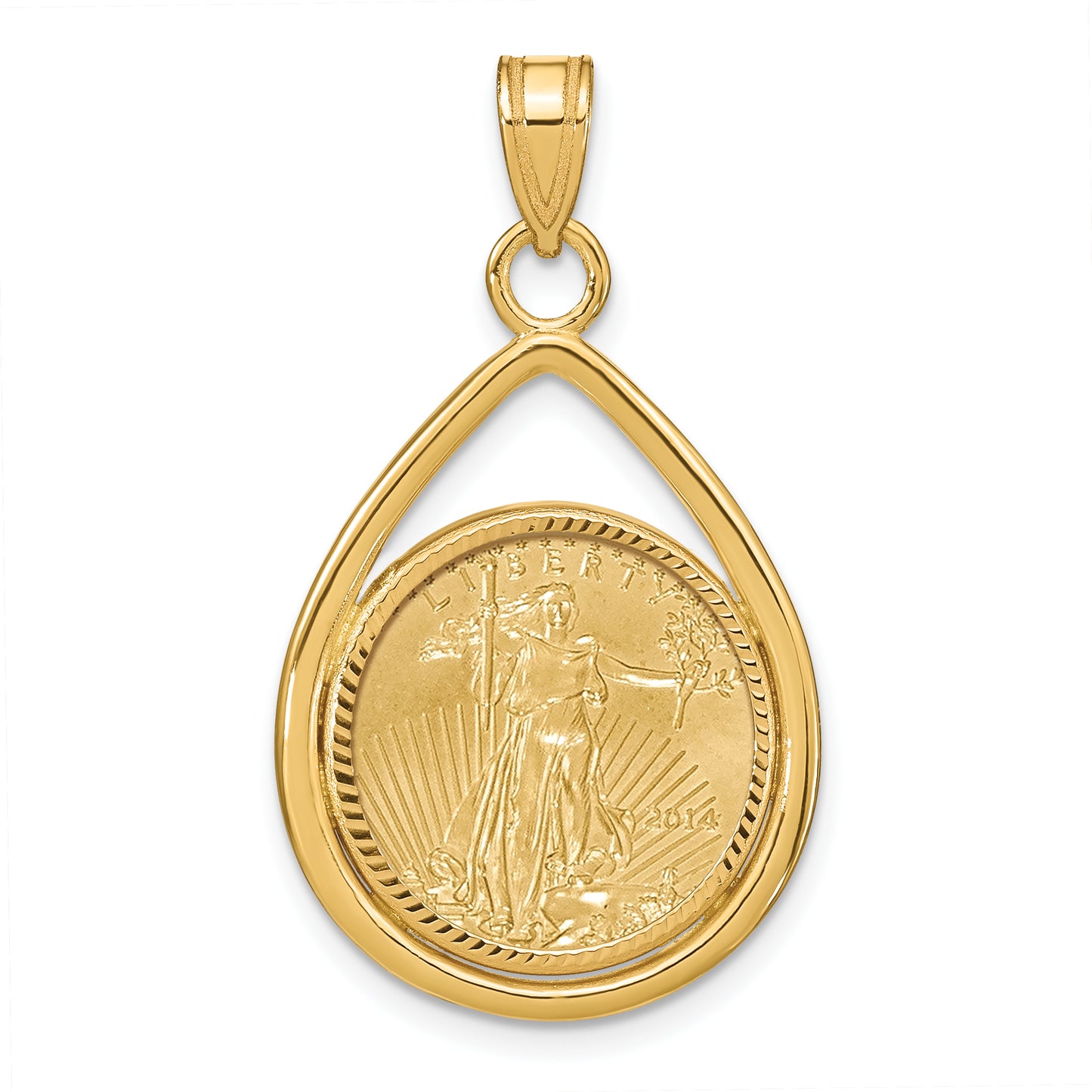 14K Yellow Gold Wideband Distinguished Coin Jewelry 14Ky Diamond-Cut Lightweight Tear Drop Prong Mounted 1/10Oz American Eagle Bezel Pendant