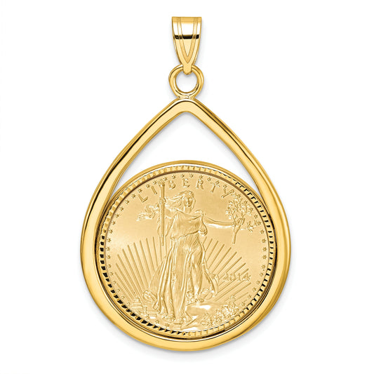 14K Yellow Gold Wideband Distinguished Coin Jewelry 14Ky Diamond-Cut Lightweight Tear Drop Prong Mounted 1/4Oz American Eagle Bezel Pendant