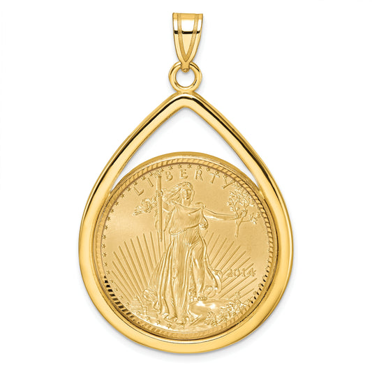 14K Yellow Gold Wideband Distinguished Coin Jewelry 14Ky Diamond-Cut Lightweight Tear Drop Prong Mounted 1/2Oz American Eagle Bezel Pendant