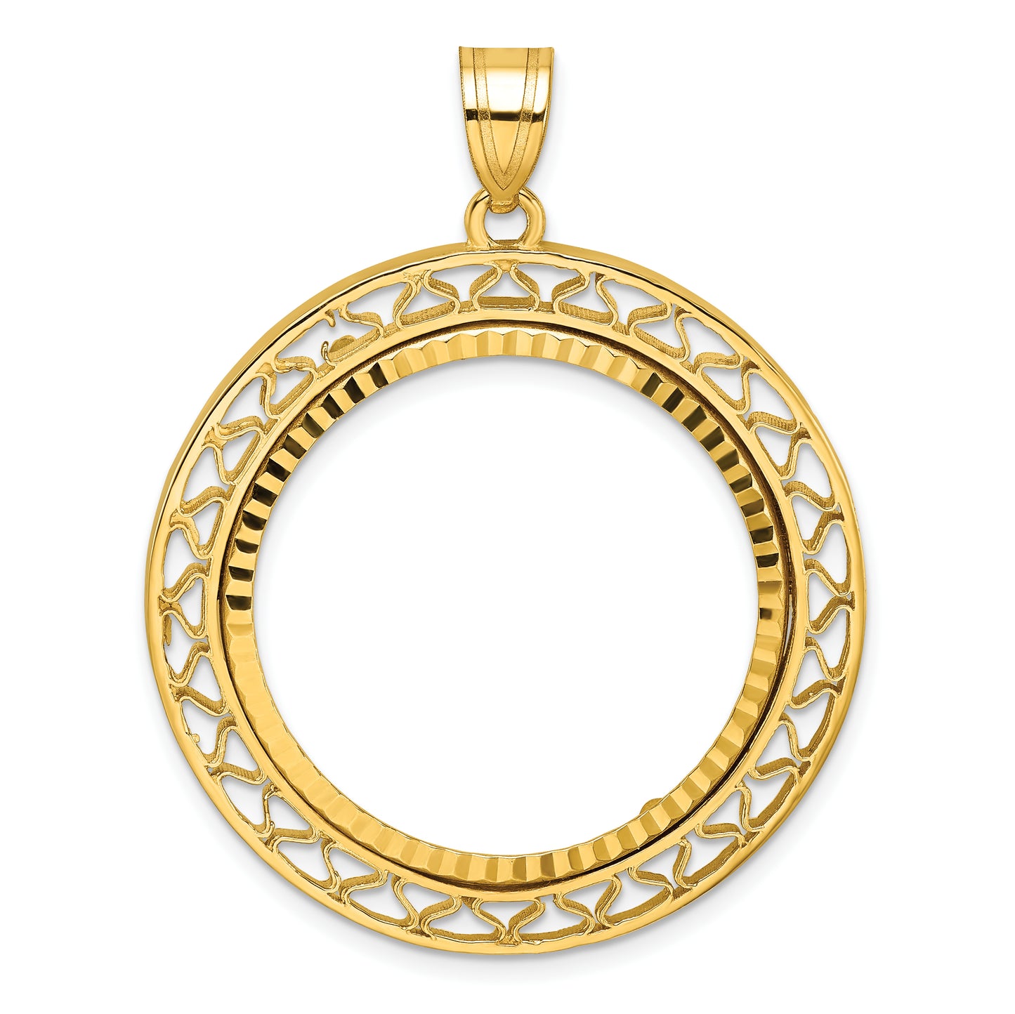 14K Yellow Gold Wideband Distinguished Coin Jewelry Polished And Diamond-Cut Fancy Wire 27.0mm Prong Bezel Pendant