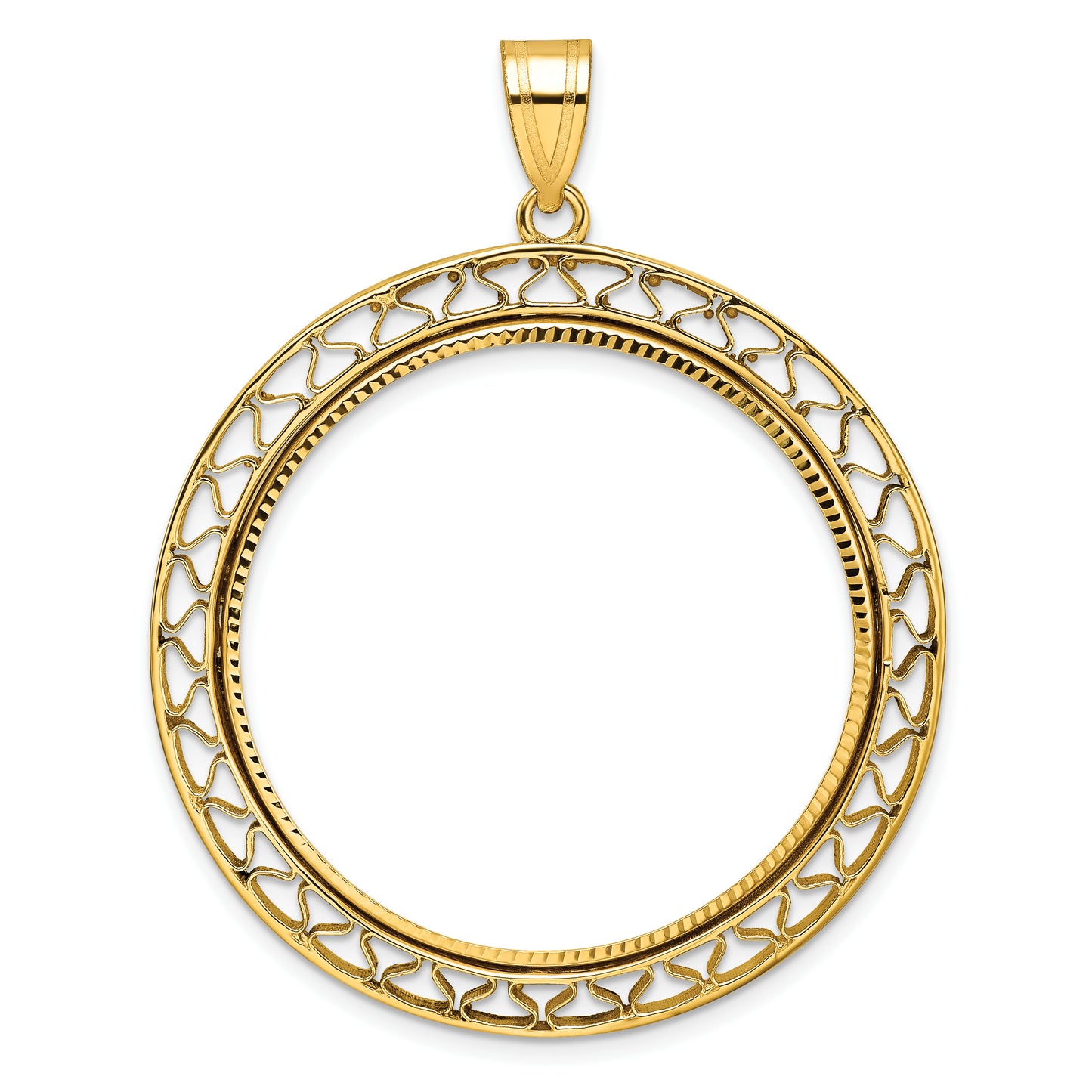 14K Yellow Gold Wideband Distinguished Coin Jewelry Polished And Diamond-Cut Fancy Wire 32.7mm Prong Bezel Pendant