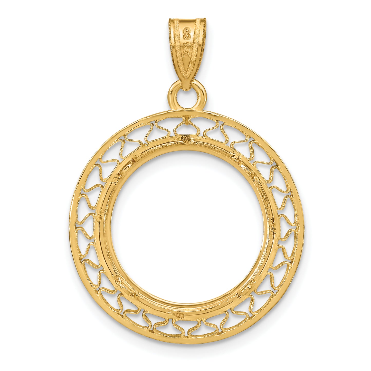 14K Yellow Gold Wideband Distinguished Coin Jewelry Polished Fancy Wire 16.5mm Prong Bezel Pendant