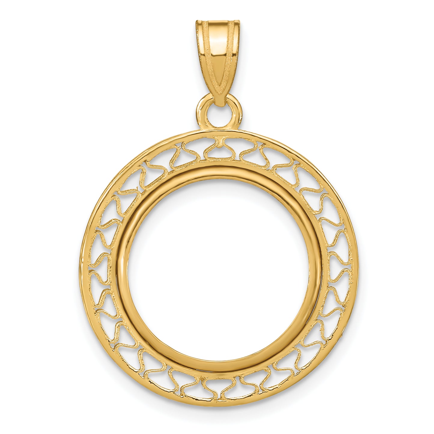 14K Yellow Gold Wideband Distinguished Coin Jewelry Polished Fancy Wire 16.5mm Prong Bezel Pendant