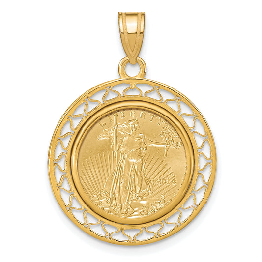 14K Yellow Gold Wideband Distinguished Coin Jewelry Polished Fancy Wire Mounted 1/10Oz American Eagle Prong Bezel Pendant