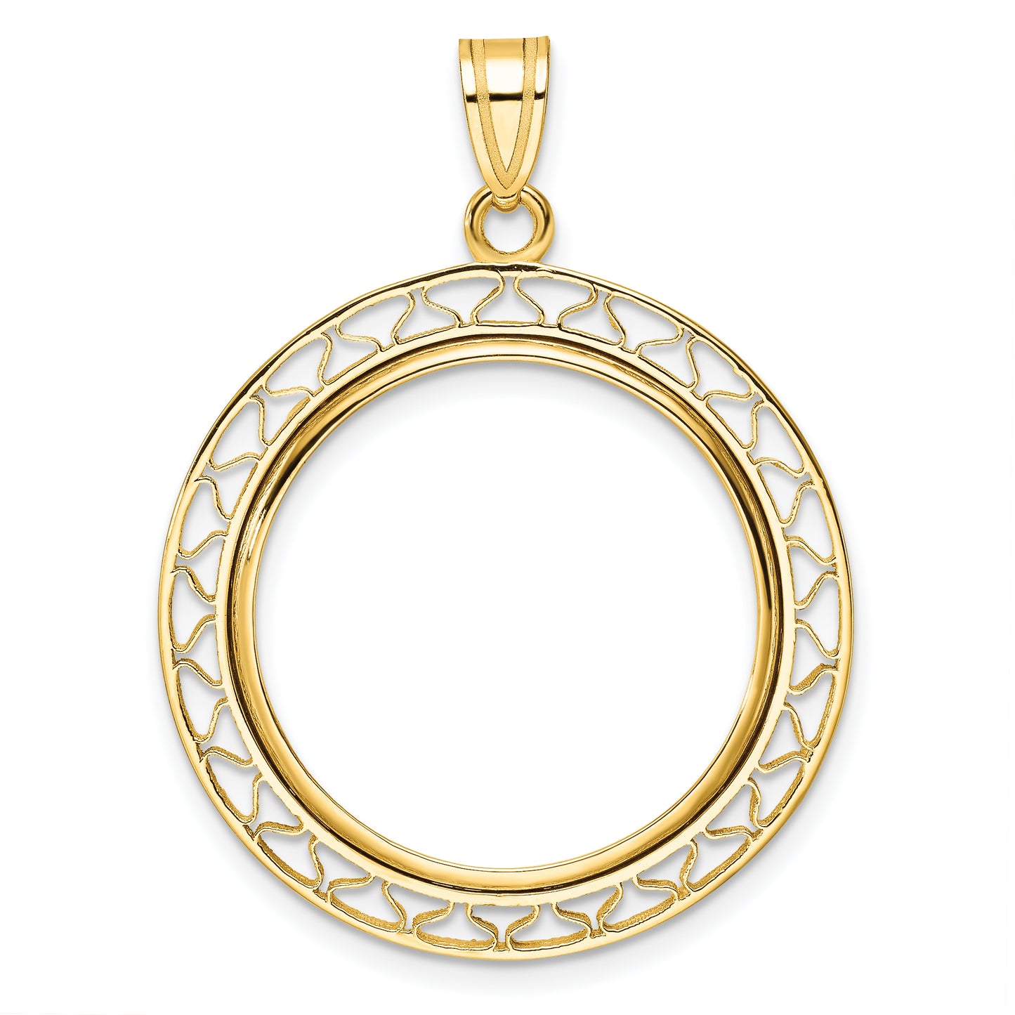 14K Yellow Gold Wideband Distinguished Coin Jewelry Polished Fancy Wire 22.0mm Prong Bezel Pendant