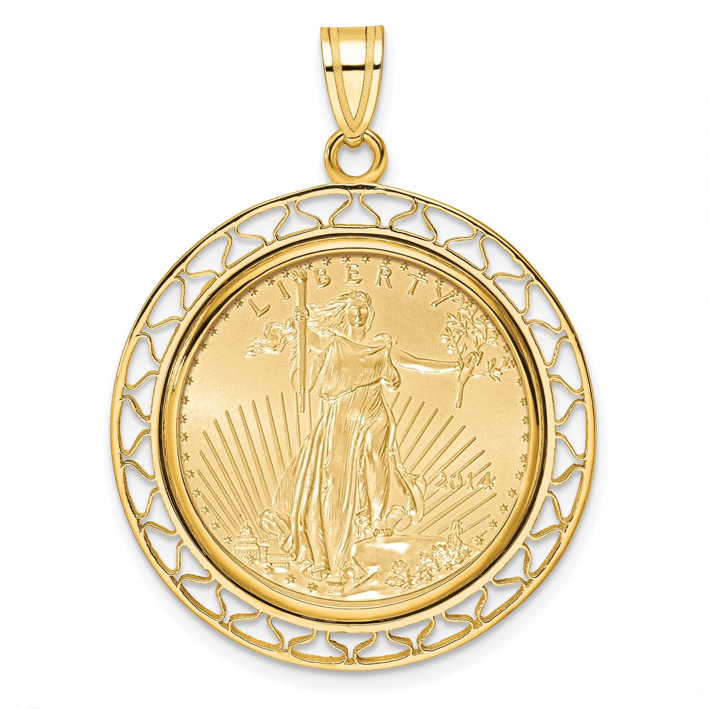 14K Yellow Gold Wideband Distinguished Coin Jewelry Polished Fancy Wire Mounted 1/4Oz American Eagle Prong Bezel Pendant