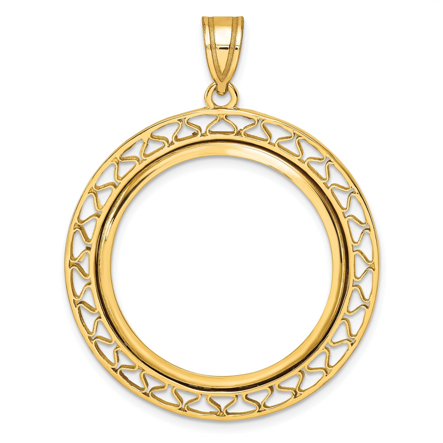 14K Yellow Gold Wideband Distinguished Coin Jewelry Polished Fancy Wire 27.0mm Prong Bezel Pendant