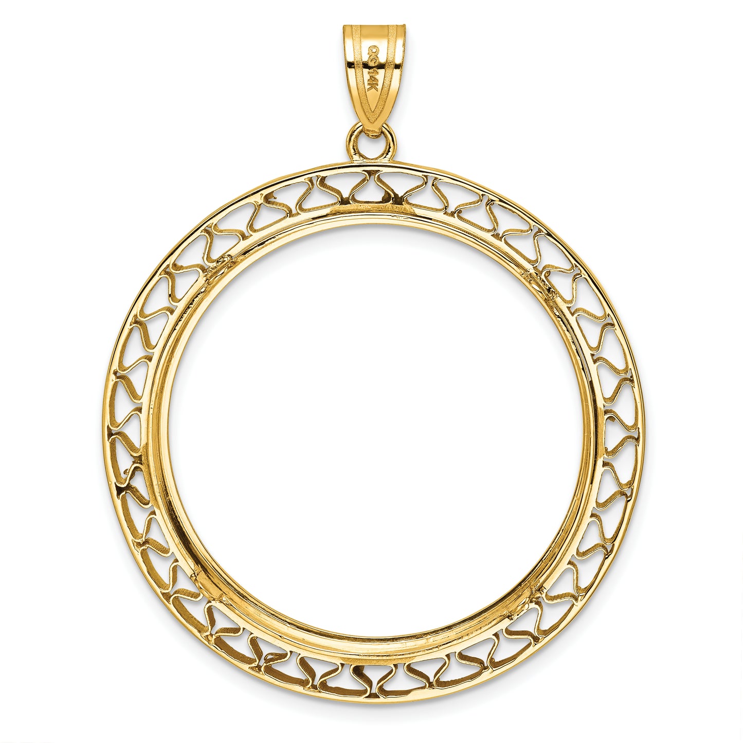 14K Yellow Gold Wideband Distinguished Coin Jewelry Polished Fancy Wire 32.7mm Prong Bezel Pendant