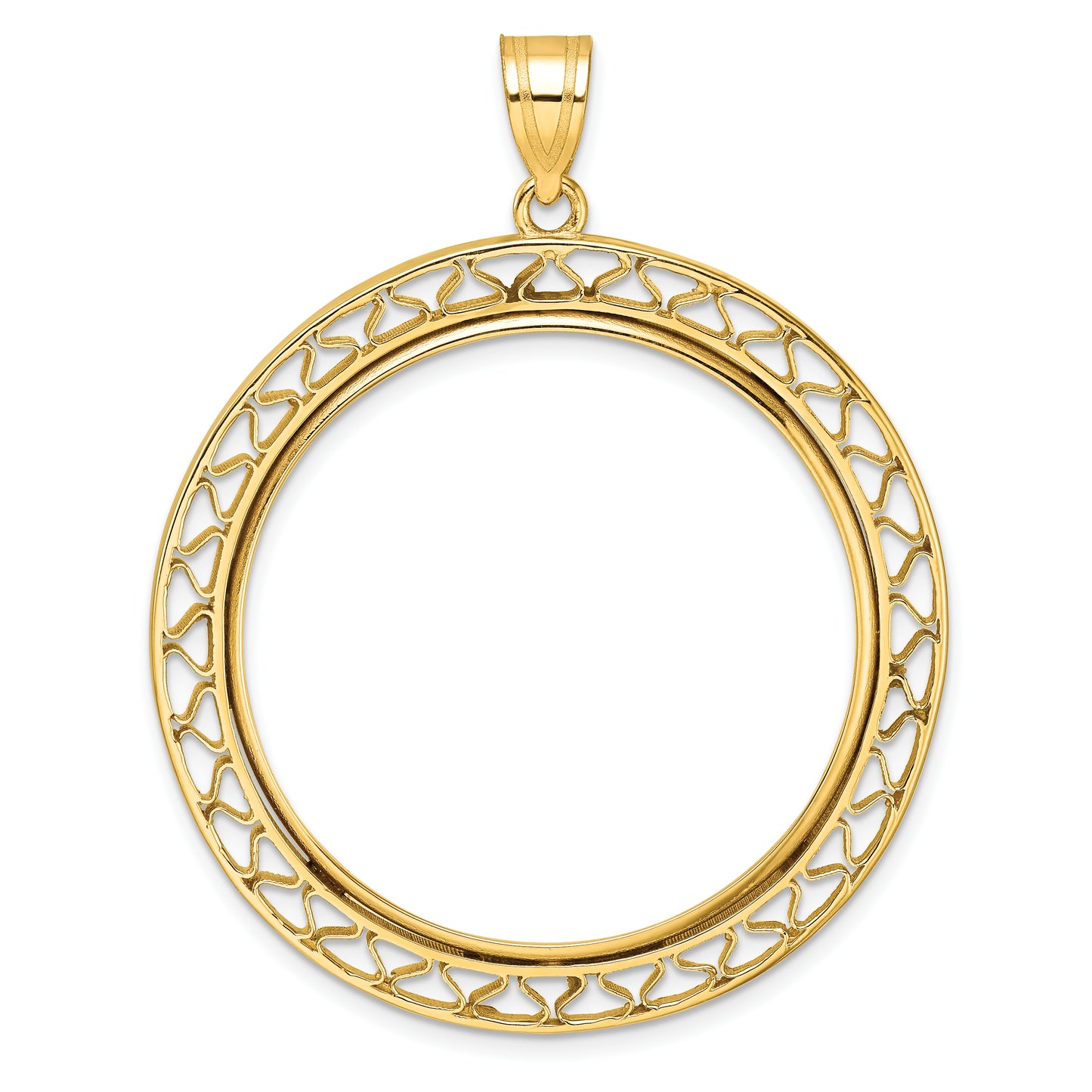 14K Yellow Gold Wideband Distinguished Coin Jewelry Polished Fancy Wire 32.7mm Prong Bezel Pendant