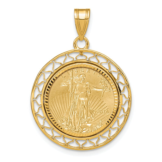 14K Yellow Gold Wideband Distinguished Coin Jewelry 14Ky Fancy Wire Diamond-Cut Prong Mounted 1/10Oz American Eagle Bezel Pendant