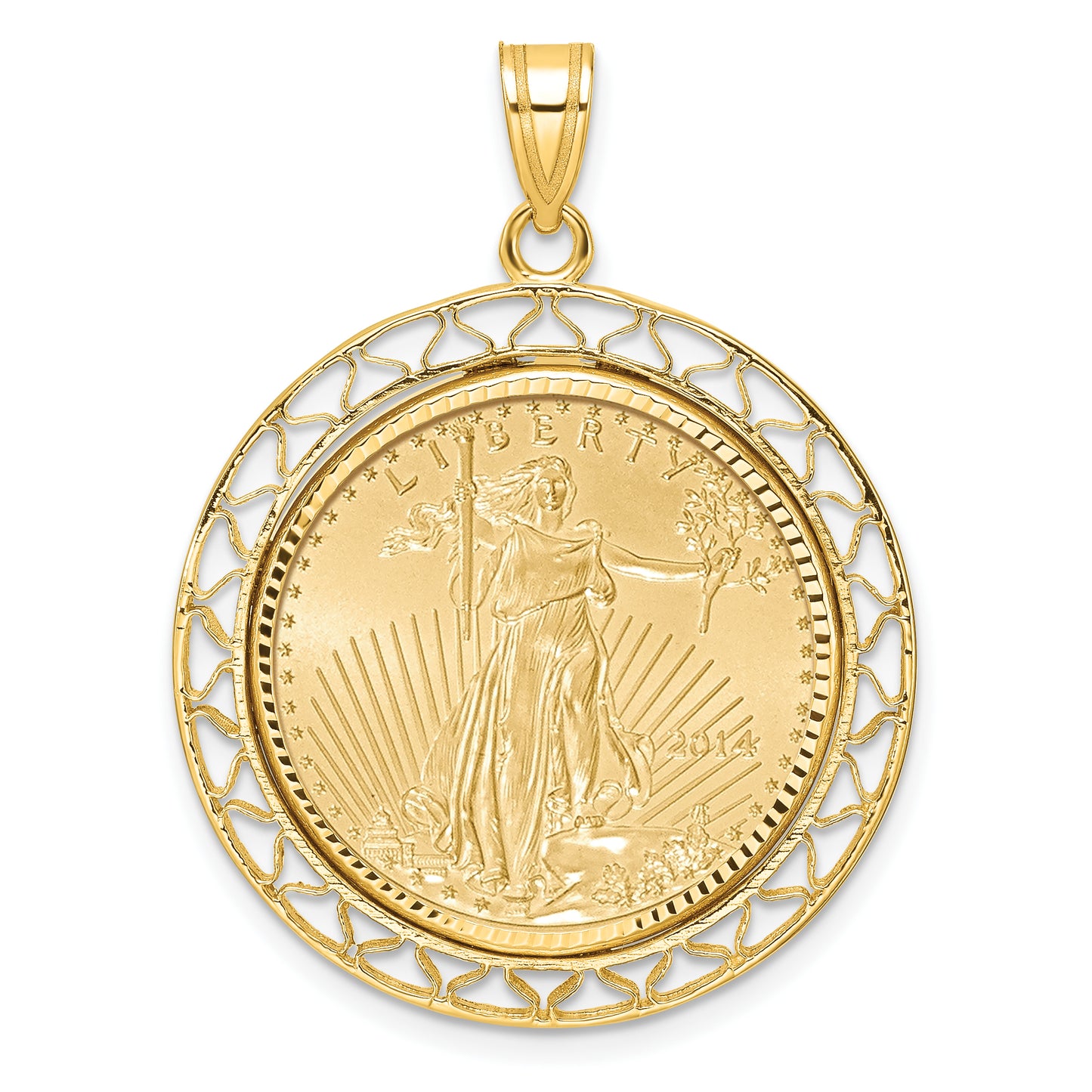 14K Yellow Gold Wideband Distinguished Coin Jewelry 14Ky Fancy Wire Diamond-Cut Prong Mounted 1/4Oz American Eagle Bezel Pendant