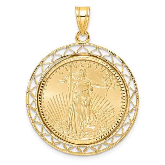 14K Yellow Gold Wideband Distinguished Coin Jewelry 14Ky Fancy Wire Diamond-Cut Prong Mounted 1/4Oz American Eagle Bezel Pendant