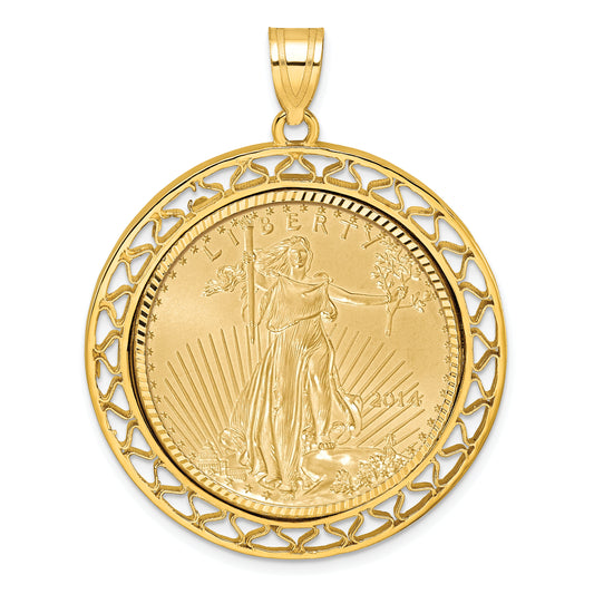 14K Yellow Gold Wideband Distinguished Coin Jewelry 14Ky Fancy Wire Diamond-Cut Prong Mounted 1/2Oz American Eagle Bezel Pendant