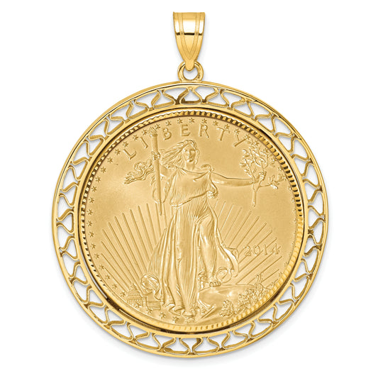 14K Yellow Gold Wideband Distinguished Coin Jewelry 14Ky Fancy Wire Diamond-Cut Prong Mounted 1Oz American Eagle Bezel Pendant