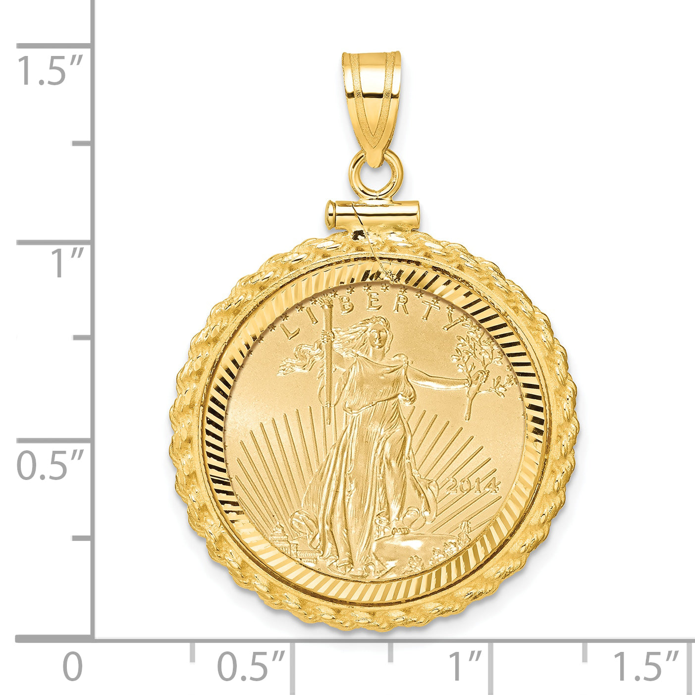 14K Yellow Gold Wideband Distinguished Coin Jewelry 14Ky Diamond-Cut Casted Rope Screw Top Mounted 1/4Oz American Eagle Bezel Pendant