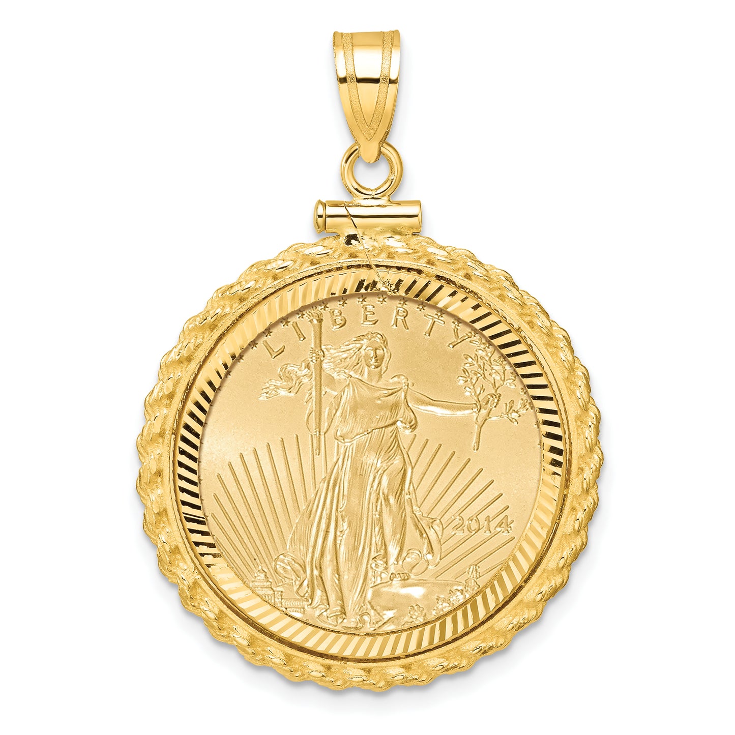 14K Yellow Gold Wideband Distinguished Coin Jewelry 14Ky Diamond-Cut Casted Rope Screw Top Mounted 1/4Oz American Eagle Bezel Pendant