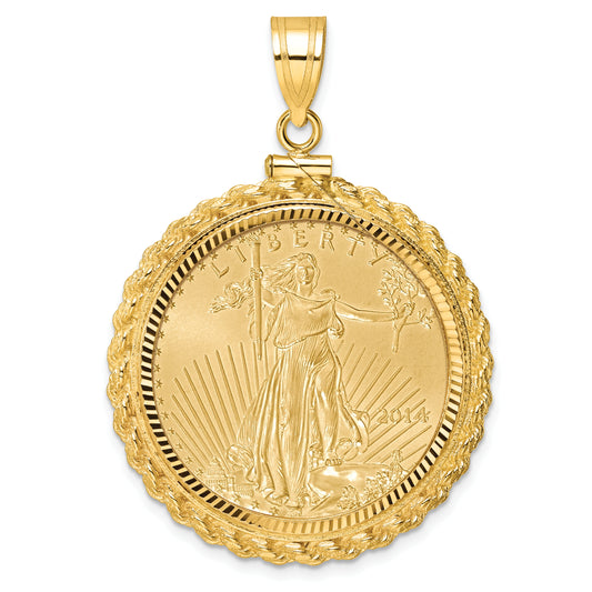 14K Yellow Gold Wideband Distinguished Coin Jewelry 14Ky Diamond-Cut Casted Rope Screw Top Mounted 1/2Oz American Eagle Bezel Pendant