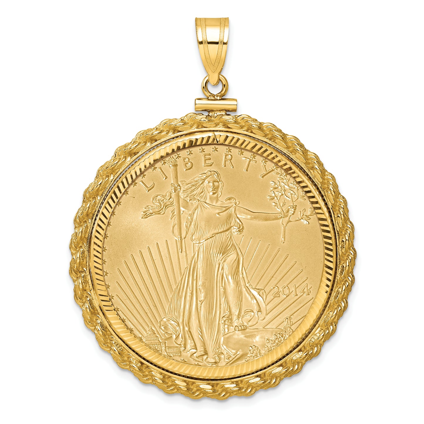 14K Yellow Gold Wideband Distinguished Coin Jewelry 14Ky Diamond-Cut Casted Rope Screw Top Mounted 1Oz American Eagle Bezel Pendant