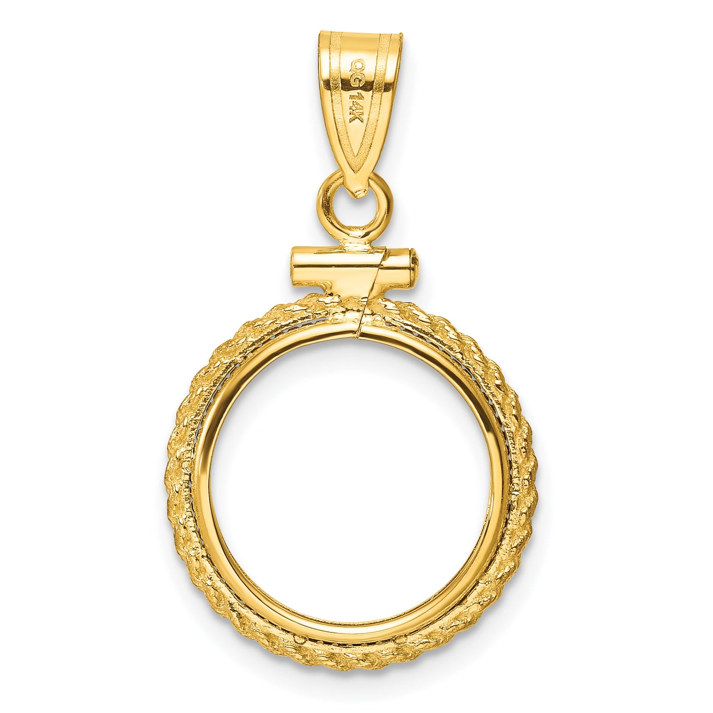 14K Yellow Gold Wideband Distinguished Coin Jewelry Polished Casted Rope 14.0mm X 1.1mm Screw Top Bezel Pendant