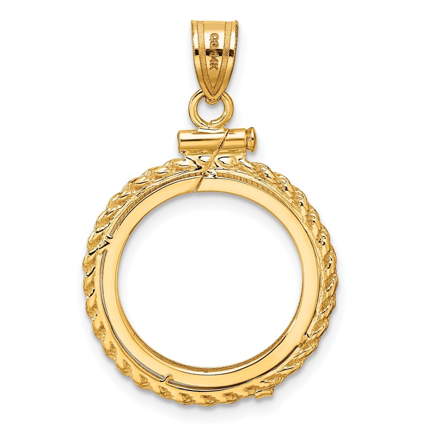 14K Yellow Gold Wideband Distinguished Coin Jewelry Polished Casted Rope 16.5mm X 1.35mm Screw Top Bezel Pendant