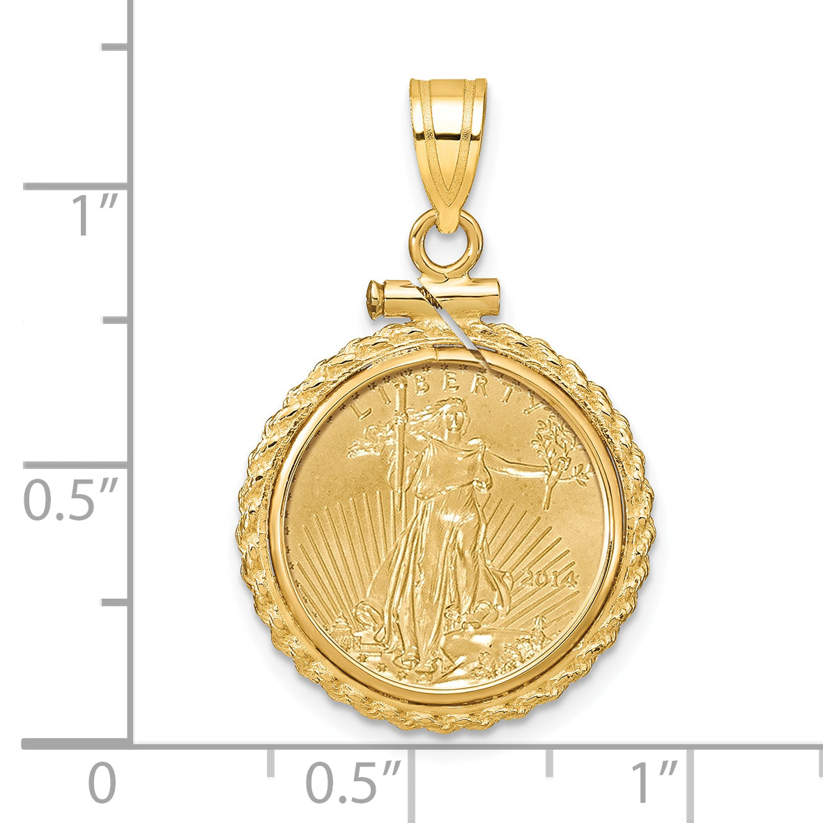 14K Yellow Gold Wideband Distinguished Coin Jewelry Polished Casted Rope Mounted 1/10Oz American Eagle Screw Top Bezel Pendant