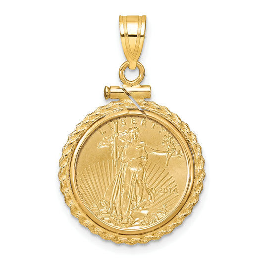 14K Yellow Gold Wideband Distinguished Coin Jewelry Polished Casted Rope Mounted 1/10Oz American Eagle Screw Top Bezel Pendant