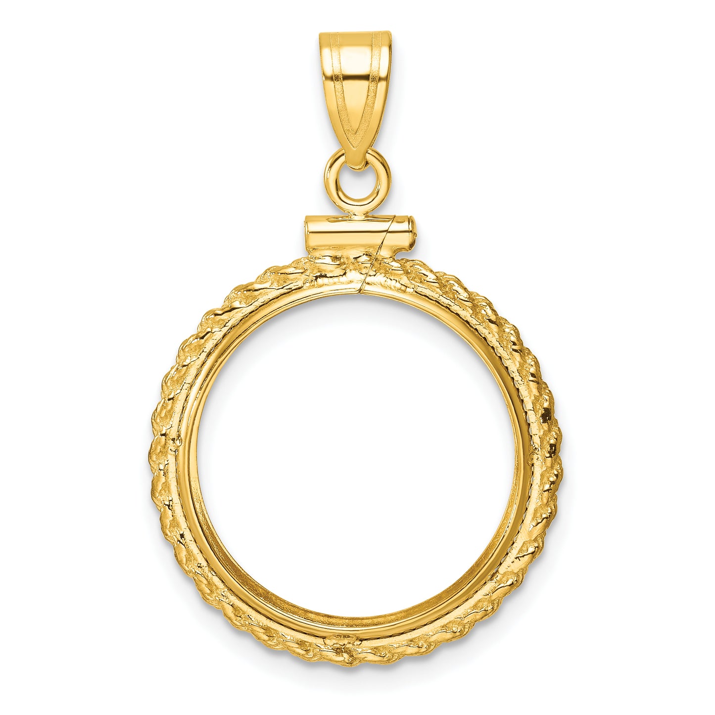 14K Yellow Gold Wideband Distinguished Coin Jewelry Polished Casted Rope 18.0mm X 1.35mm Screw Top Bezel Pendant