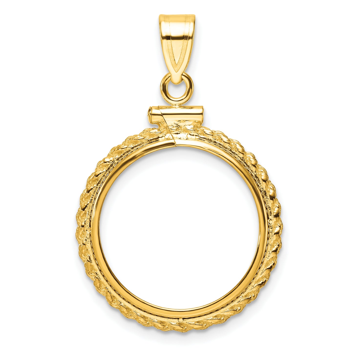 14K Yellow Gold Wideband Distinguished Coin Jewelry Polished Casted Rope 18.0mm X 1.35mm Screw Top Bezel Pendant