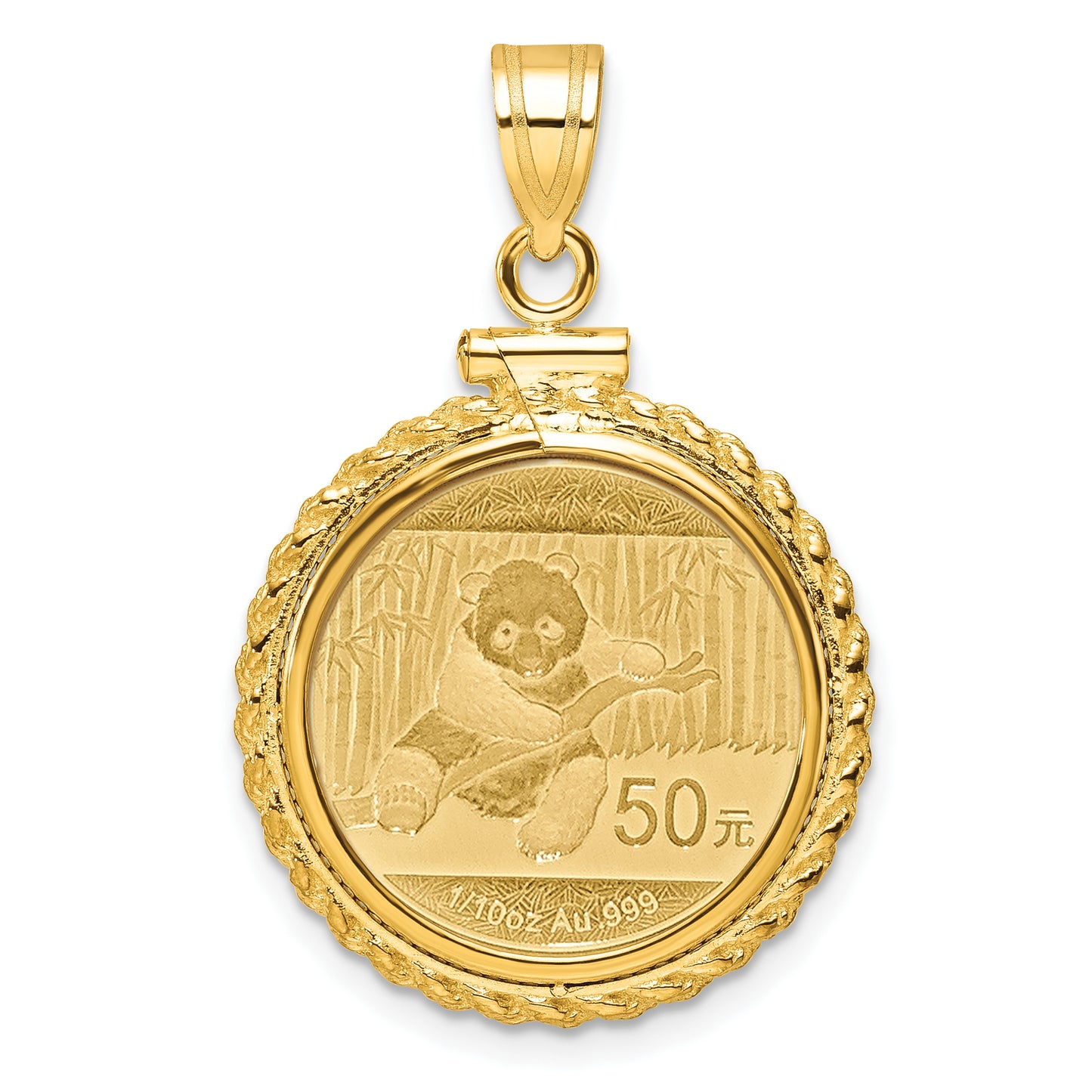 14K Yellow Gold Wideband Distinguished Coin Jewelry Polished Casted Rope Mounted 1/10Oz Panda Screw Top Bezel Pendant