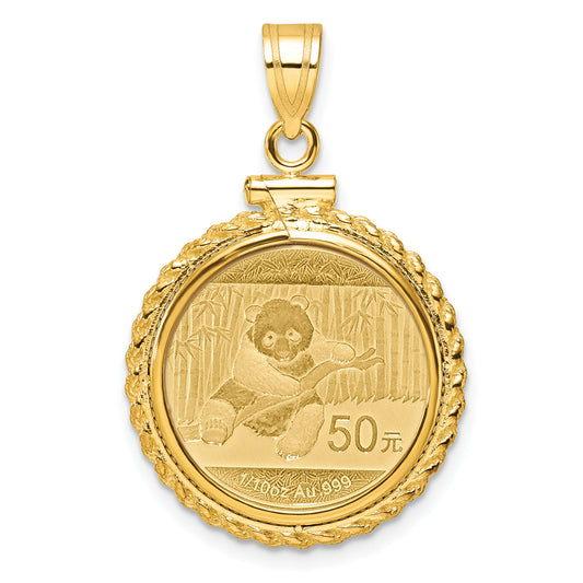 14K Yellow Gold Wideband Distinguished Coin Jewelry Polished Casted Rope Mounted 1/10Oz Panda Screw Top Bezel Pendant