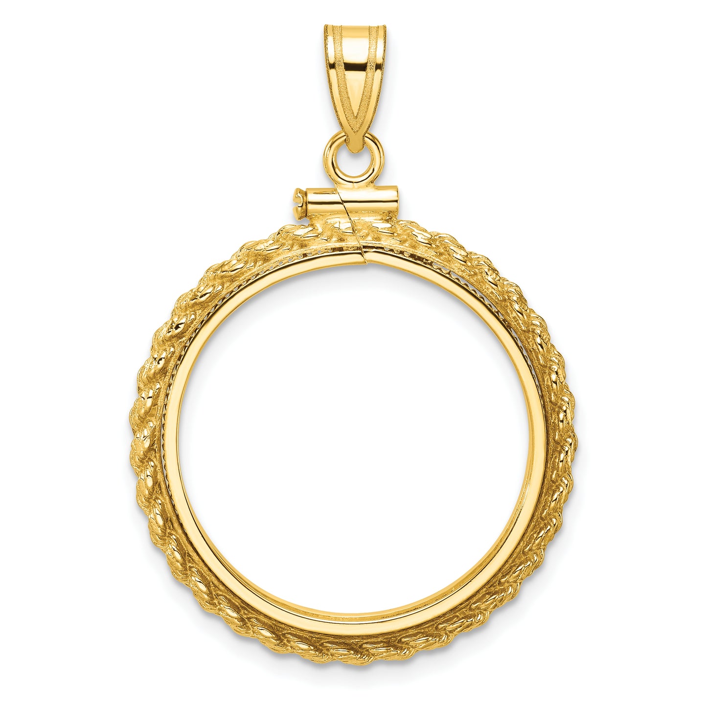 14K Yellow Gold Wideband Distinguished Coin Jewelry Polished Casted Rope 22.0mm X 1.9mm Screw Top Bezel Pendant