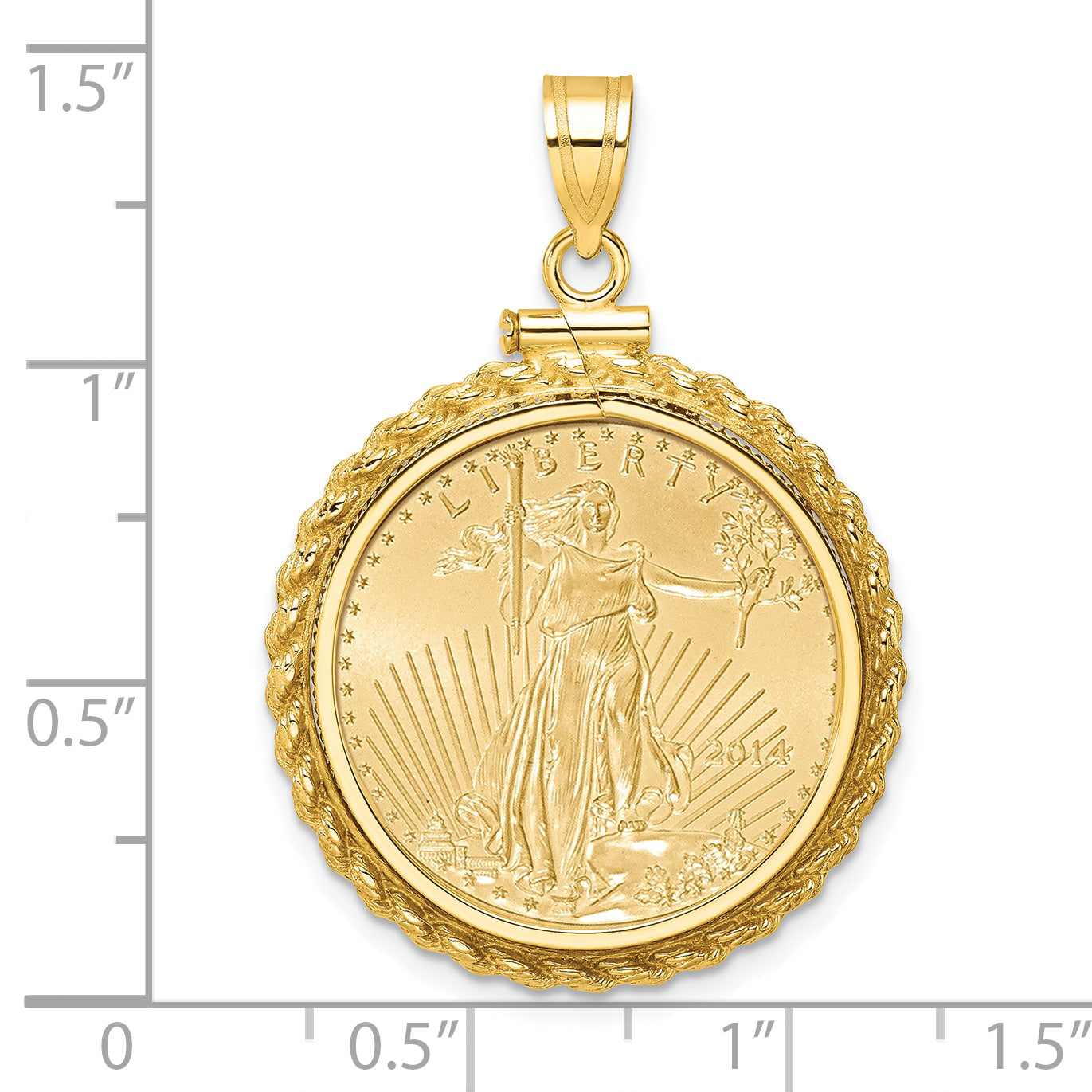 14K Yellow Gold Wideband Distinguished Coin Jewelry Polished Casted Rope Mounted 1/4Oz American Eagle Screw Top Bezel Pendant