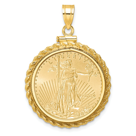 14K Yellow Gold Wideband Distinguished Coin Jewelry Polished Casted Rope Mounted 1/4Oz American Eagle Screw Top Bezel Pendant