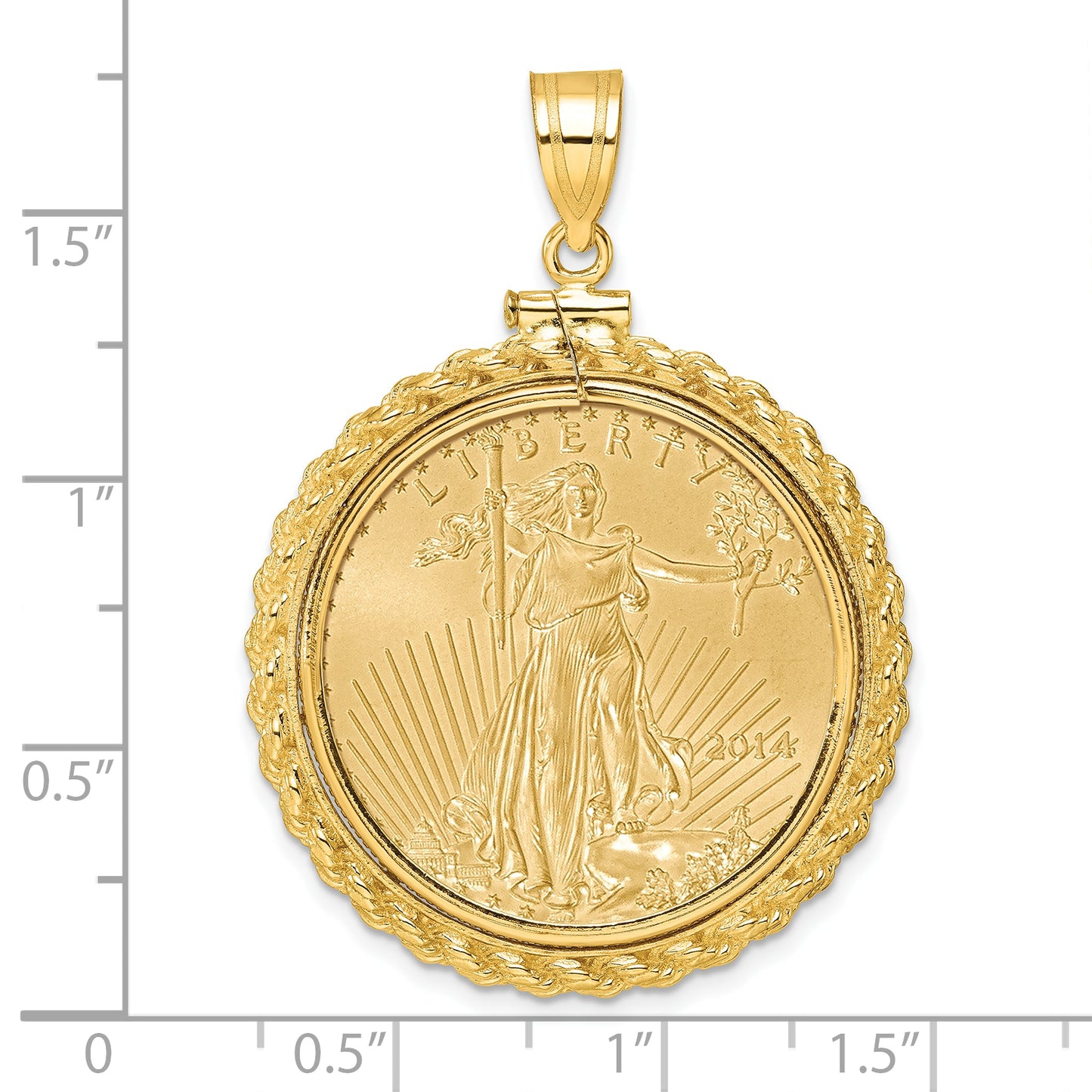 14K Yellow Gold Wideband Distinguished Coin Jewelry Polished Casted Rope Mounted 1/2Oz American Eagle Screw Top Bezel Pendant