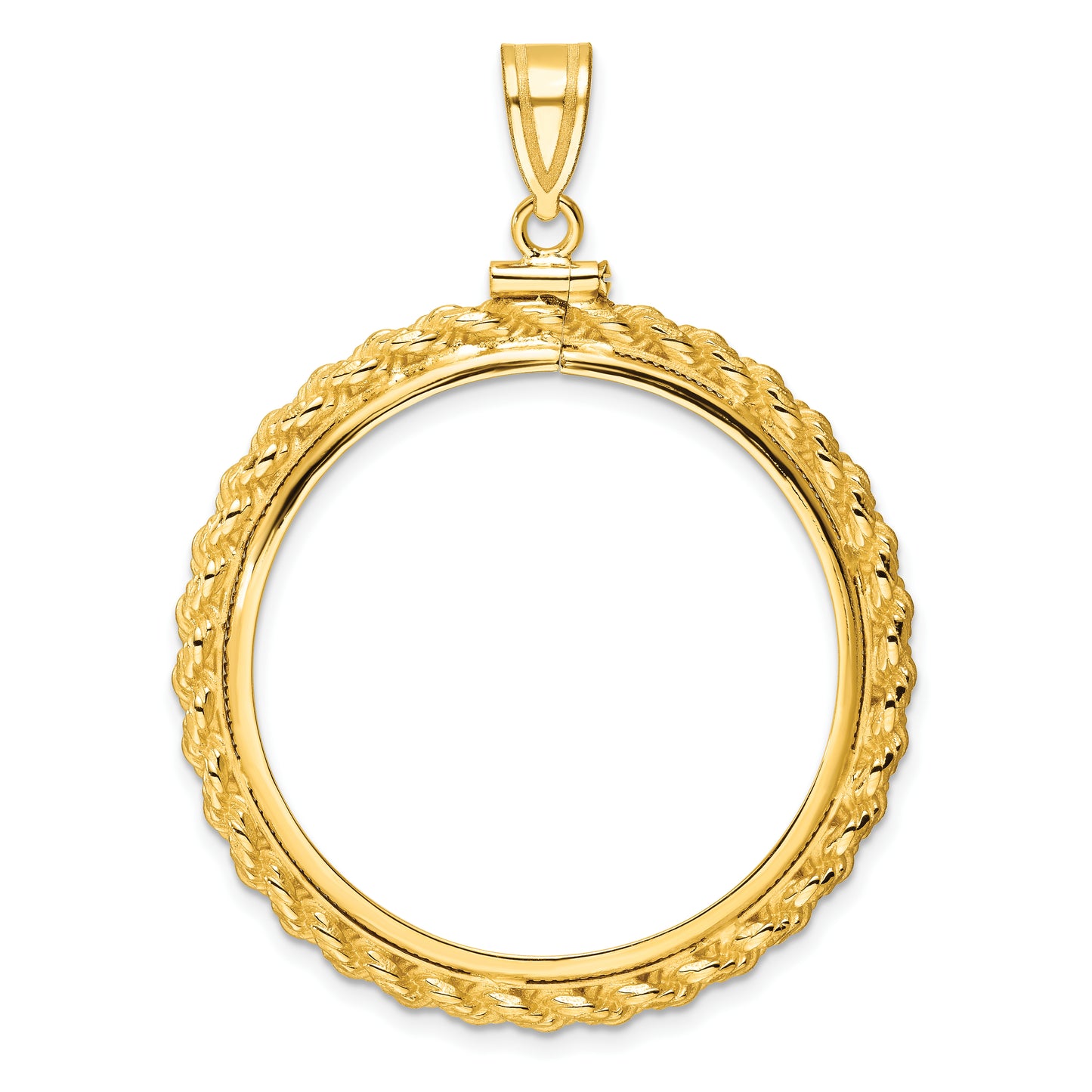 14K Yellow Gold Wideband Distinguished Coin Jewelry Polished Casted Rope 32.0mm X 2.85mm Screw Top Bezel Pendant