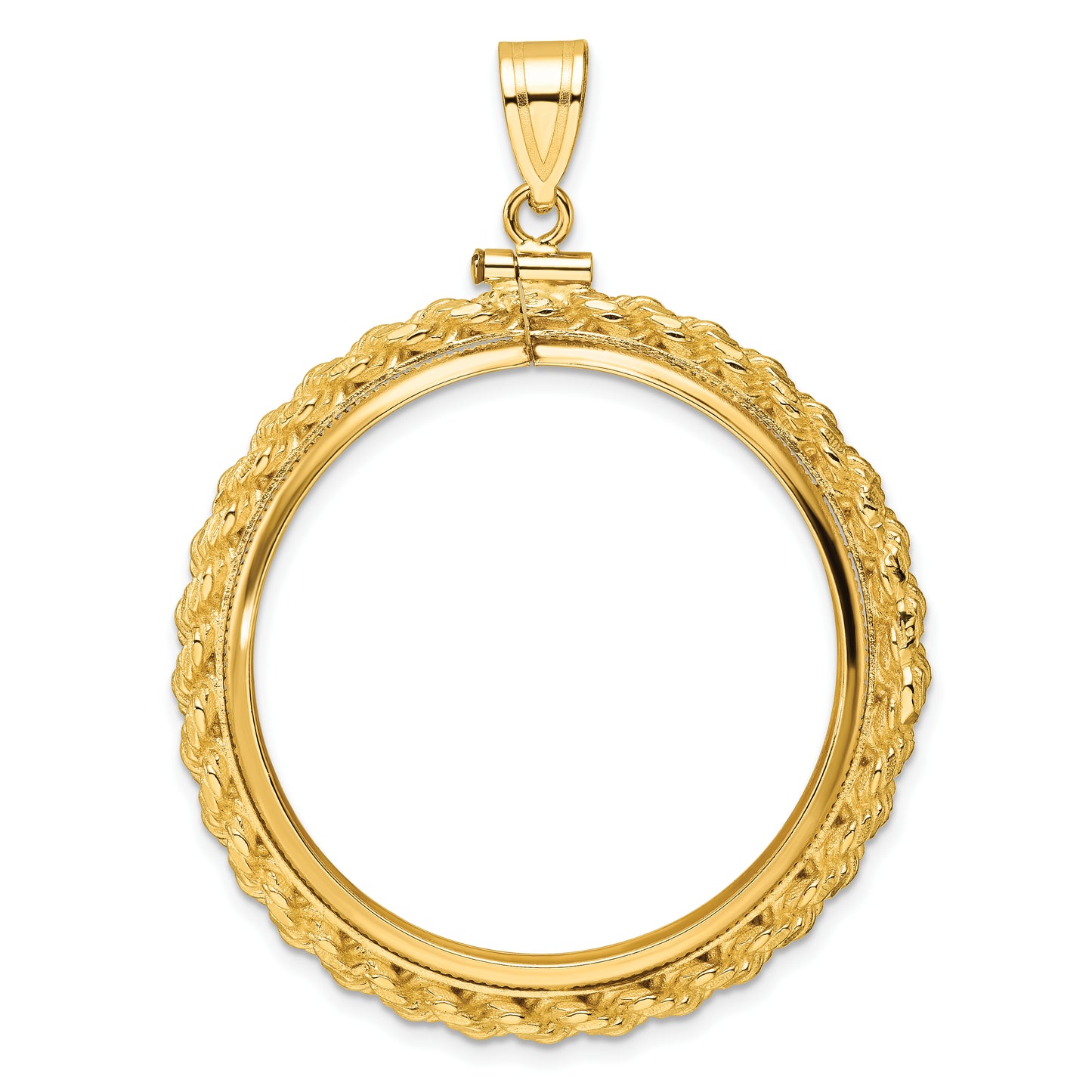 14K Yellow Gold Wideband Distinguished Coin Jewelry Polished Casted Rope 32.7mm X 3.00mm Screw Top Bezel Pendant