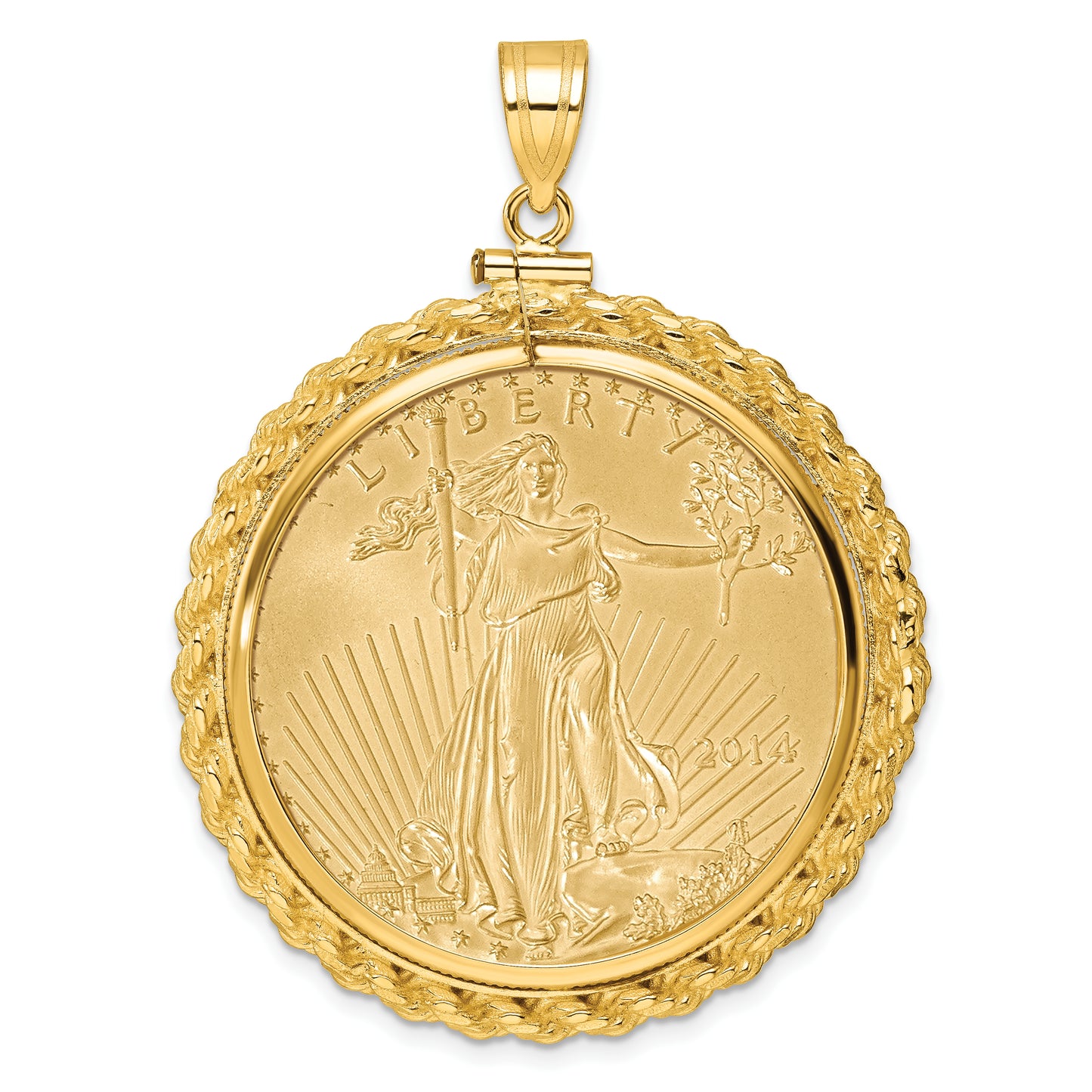 14K Yellow Gold Wideband Distinguished Coin Jewelry Polished Casted Rope Mounted 1Oz American Eagle Screw Top Bezel Pendant