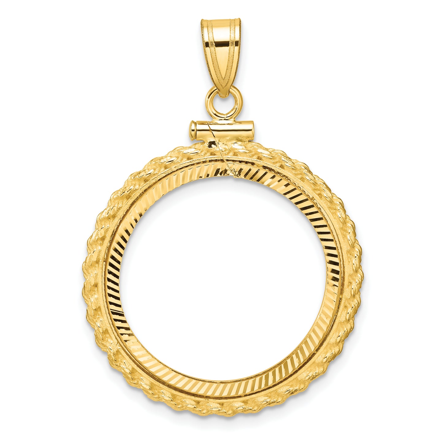 14K Yellow Gold Wideband Distinguished Coin Jewelry Polished And Diamond-Cut Casted Rope 22.0mm X 1.9mm Screw Top Bezel Pendant