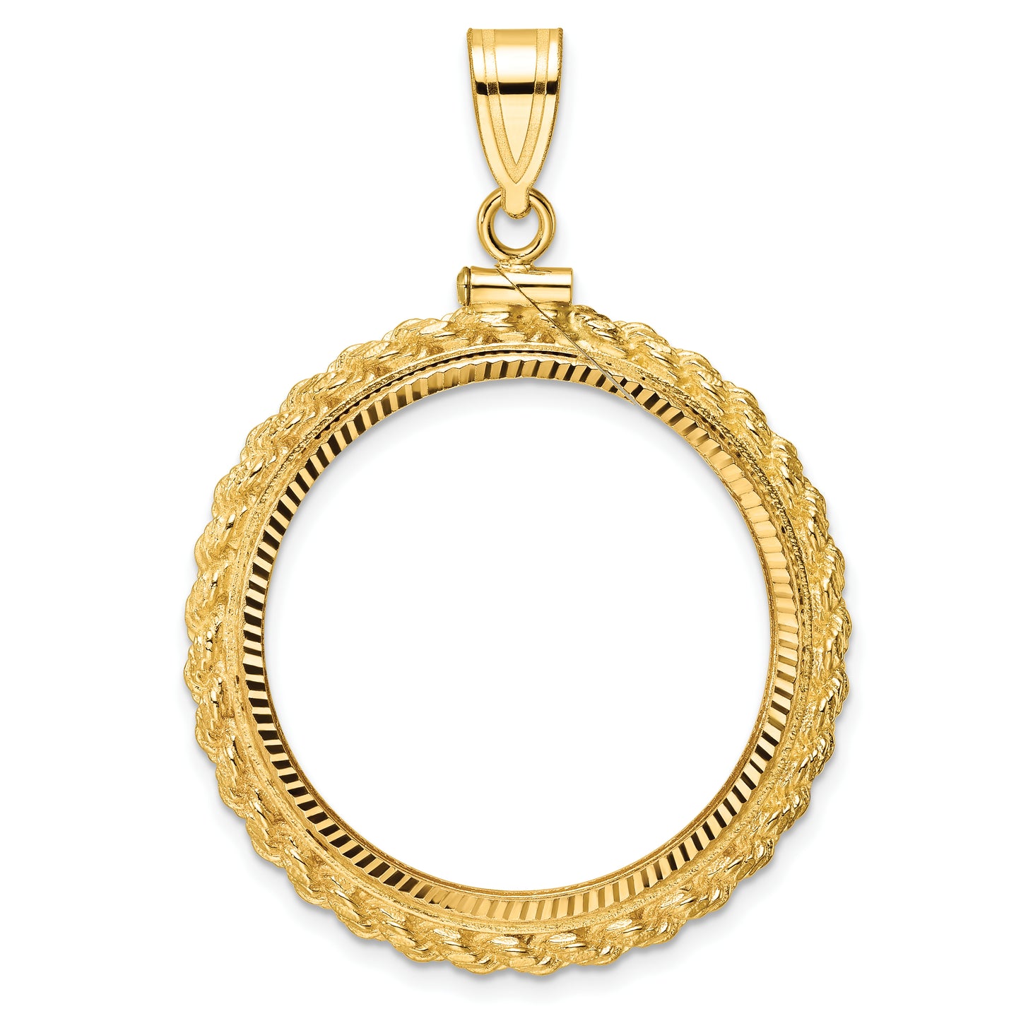 14K Yellow Gold Wideband Distinguished Coin Jewelry Polished And Diamond-Cut Casted Rope 27mm X 2.35mm Screw Top Bezel Pendant