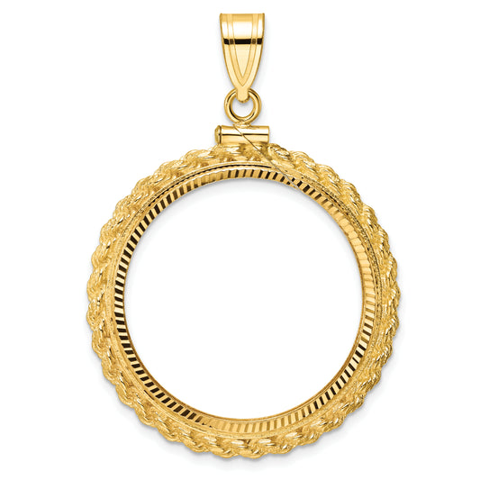 14K Yellow Gold Wideband Distinguished Coin Jewelry Polished And Diamond-Cut Casted Rope 27mm X 2.35mm Screw Top Bezel Pendant