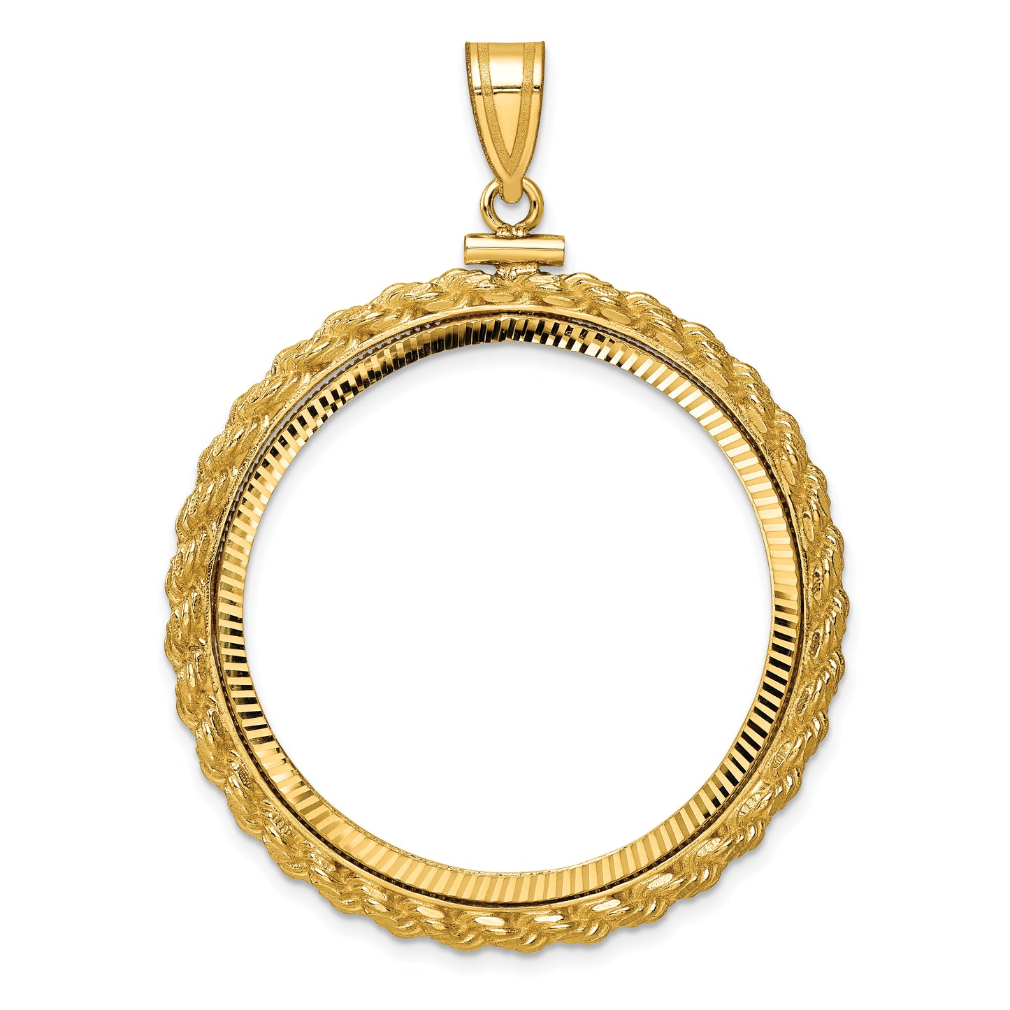 14K Yellow Gold Wideband Distinguished Coin Jewelry Polished And Diamond-Cut Casted Rope 32.7mm X 3.00mm Screw Top Bezel Pendant