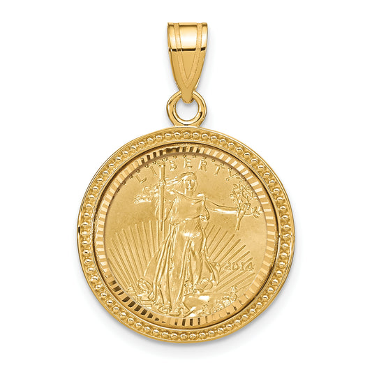 14K Yellow Gold Wideband Distinguished Coin Jewelry 14Ky Beaded & Diamond-Cut Prong Mounted 1/10Oz American Eagle Bezel Pendant