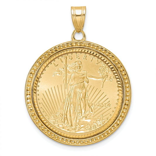 14K Yellow Gold Wideband Distinguished Coin Jewelry 14Ky Beaded & Diamond-Cut Prong Mounted 1/4Oz American Eagle Bezel Pendant