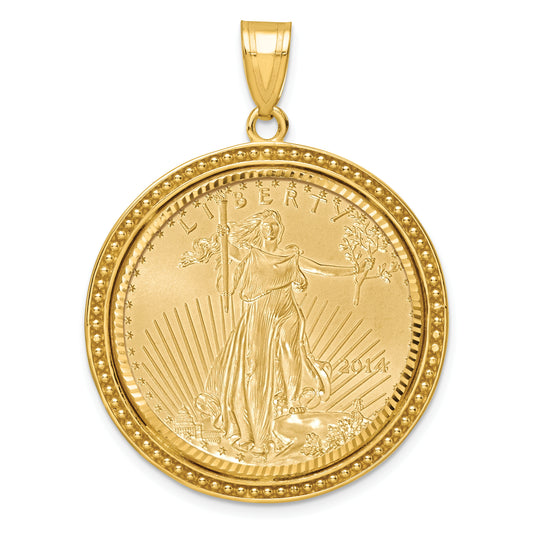 14K Yellow Gold Wideband Distinguished Coin Jewelry 14Ky Beaded & Diamond-Cut Prong Mounted 1/2Oz American Eagle Bezel Pendant