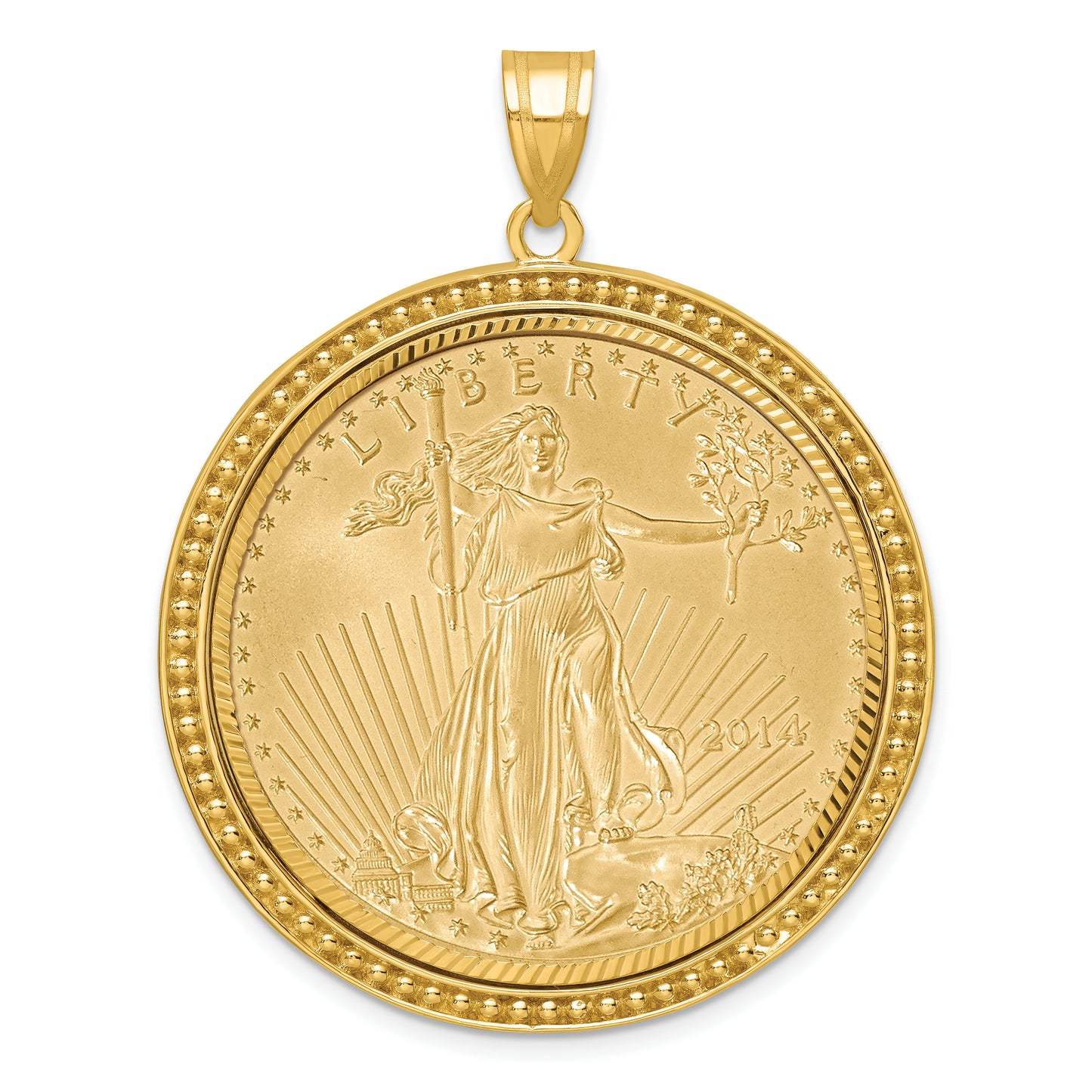 14K Yellow Gold Wideband Distinguished Coin Jewelry 14Ky Beaded & Diamond-Cut Prong Mounted 1Oz American Eagle Bezel Pendant