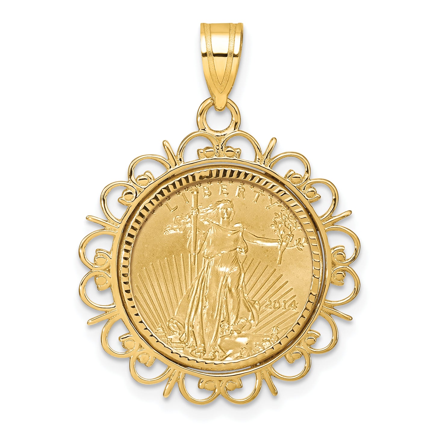 14K Yellow Gold Wideband Distinguished Coin Jewelry 14Ky Fancy Diamond-Cut Prong Mounted 1/10Oz American Eagle Bezel Pendant