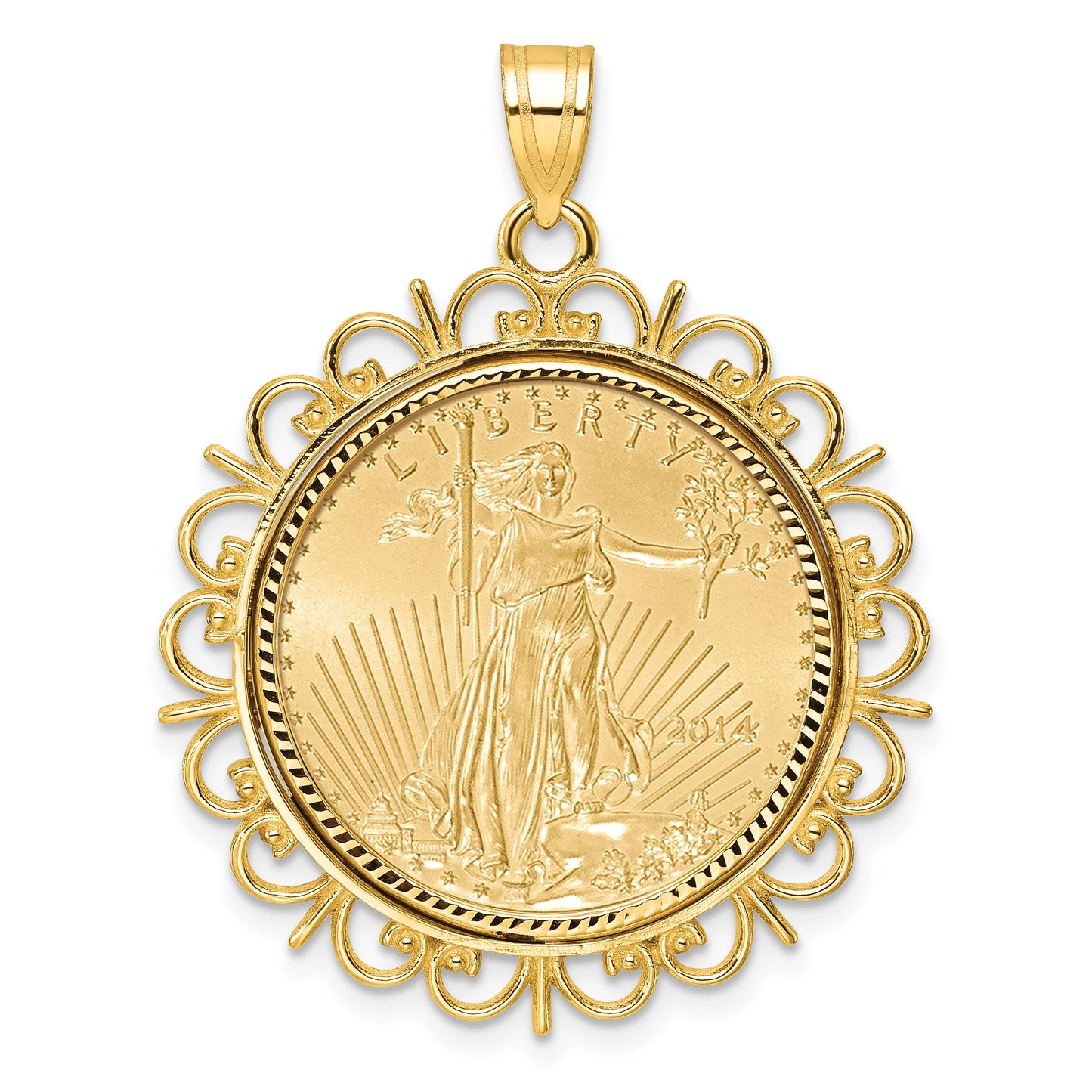 14K Yellow Gold Wideband Distinguished Coin Jewelry 14Ky Fancy Diamond-Cut Prong Mounted 1/4Oz American Eagle Bezel Pendant