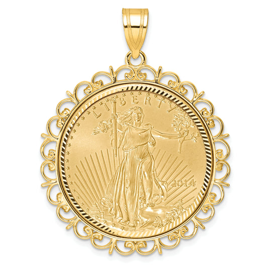 14K Yellow Gold Wideband Distinguished Coin Jewelry 14Ky Fancy Diamond-Cut Prong Mounted 1/2Oz American Eagle Bezel Pendant