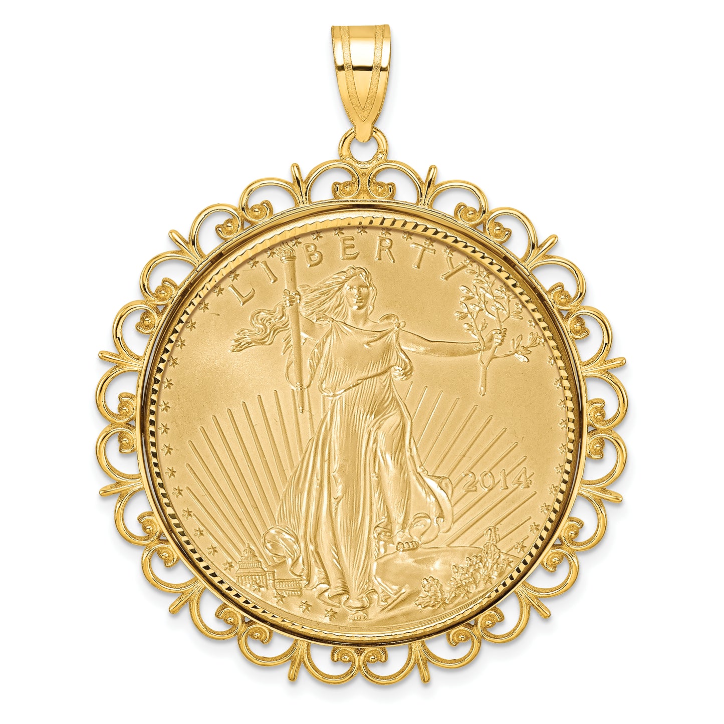 14K Yellow Gold Wideband Distinguished Coin Jewelry 14Ky Fancy Diamond-Cut Prong Mounted 1Oz American Eagle Bezel Pendant